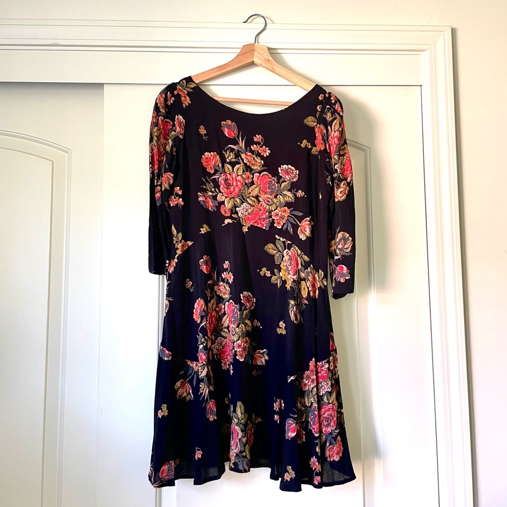 Free People Eleanor Printed Mini Dress - Raven Combo - Black with florals, Small